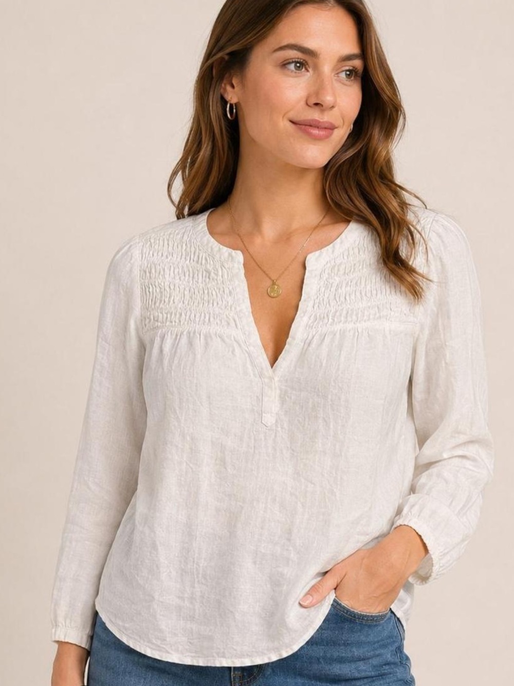 Joie Cream Smocked V-Neck Tunic Top